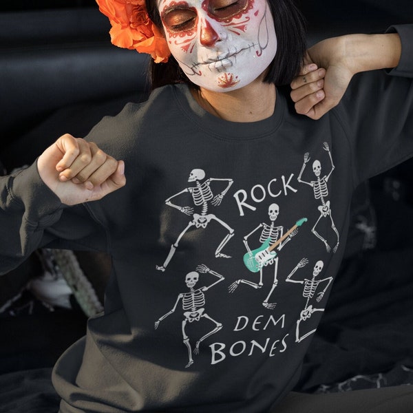 ROCK DEM BONES Sweatshirt, Dancing Skeletons with red strat Guitar, Unisex Heavy Blend Crewneck, Guitarist Musician gift