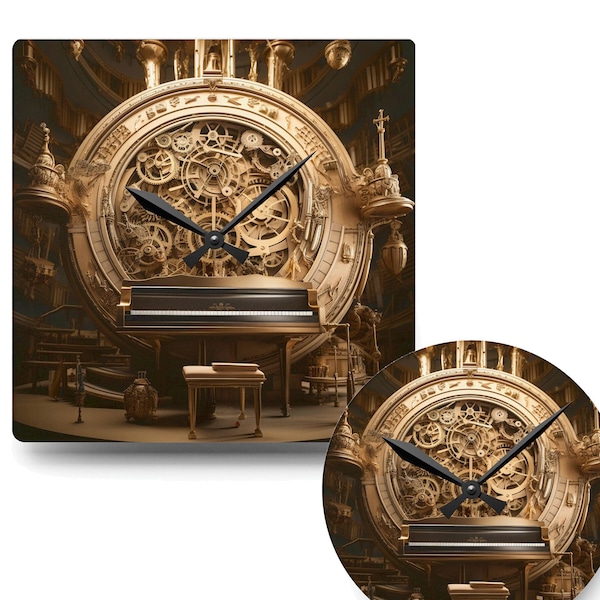 Acrylic music-themed image-only square or round Wall Clock, with keyboard in a steampunk surrealistic fantasy library with clock gears