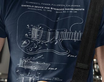 Guitar Graphic T-Shirt: Retro 1956 Blueprint, Music Fan and Guitar Player Gift, Vintage Tremolo US Patent Office Drawing