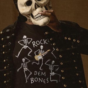 Dancing Skeletons Halloween T-Shirt: Rock Dem Bones Guitar Graphic