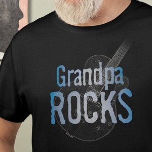 GRANDPA ROCKS Organic T-Shirt with Recycled Fabric, Guitar design, 3 shirt colors black & dark heather textures, Grandfather Rock Fan Gift