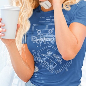 Music Cassette Tape Patent Retro Blueprint, dark colors, Softstyle T-Shirt, Unisex,  Music Lovers Gift, Sony, Japan, 1973 Cassette recorder