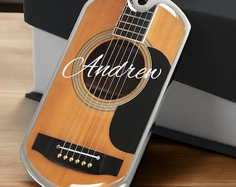 Acoustic Guitar Personalized Dog Tag Style Pendant Necklace for Music Lovers, Unique Guitarist Gift, Custom Jewelry, Musician Keepsake