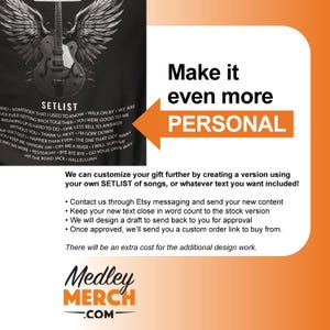 May include: Black t-shirt with a guitar and angel wings graphic. The shirt features a setlist of songs and the text "Make it even more PERSONAL". The Etsy shop logo is at the bottom.