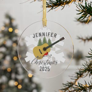 Personalized Guitar-themed Round Snowflake Clear Acrylic 2025 Christmas Tree Ornament, Musician Gift, Guitar Player Xmas Stocking Stuffer