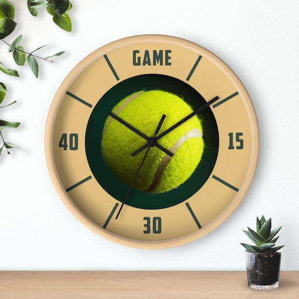 TENNIS CLOCK - 10" Wall Clock, with Tennis Ball, funny gift for Tennis Player, Tennis Club Decor, 2" light wooden frame and plexiglass front