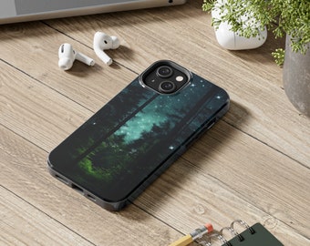 May include: A smartphone case featuring a dark, atmospheric forest scene at night. The design displays silhouettes of tall pine trees against a deep green and black background, illuminated by a scattering of bright white stars in the night sky.