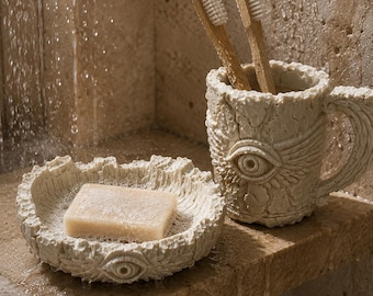 Ensemble de salle de bain sculptural | Porte-savon et support en forme de plume et d'œil sculptés à l'ancienne