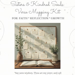 Puede incluir: Un kit de mapeo de versículos con el texto "Sisters & Kindred Souls". El kit incluye una pizarra con notas, un libro abierto y plantas decorativas. También es visible el texto "FOR FAITH * REFLECTION * GROWTH".