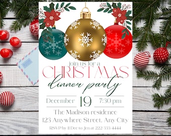 Holiday Invitation, Christmas Invitation, Dinner Invite Christmas Ornaments, Digital Download, Editable Template, Canva Template Invite