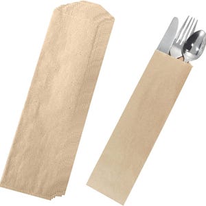 May include: Kraft paper cutlery sleeves. One sleeve contains a stainless steel knife, fork, and spoon. The other sleeves are empty. The sleeves are rectangular and have a folded top. The cutlery is for a restaurant or catering service.