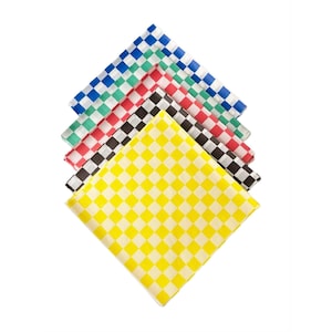 May include: A stack of six square checkered napkins in various colors: yellow, black and white, red, green, and blue. The napkins are arranged diagonally, showcasing the different color combinations.