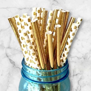 100 Paper straws, Gold Hearts, Gold foil, Cake Pop Sticks