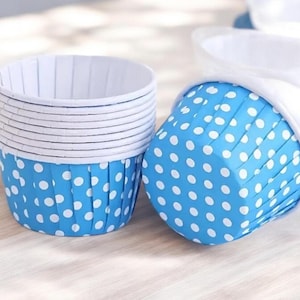 100 Blue Baking Cups with White Polka Dots, Cupcake Holders, Muffin / Ice Cream / Yogurt / Candy Cup, Disposable