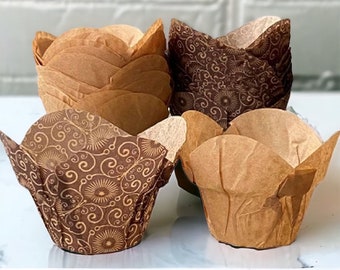 50 Muffins/Cupcakes paper liners, Natural and Brown Mariposa print, Disposable Cupcakes Wraps, Lotus Style Cups