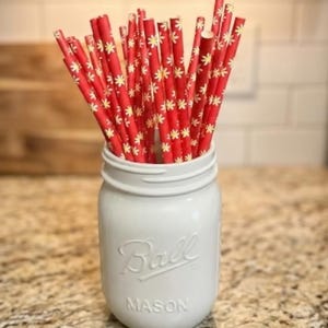 100 Paper Drinking Straws Green with White Daisy Flowers, Floral Party Straws