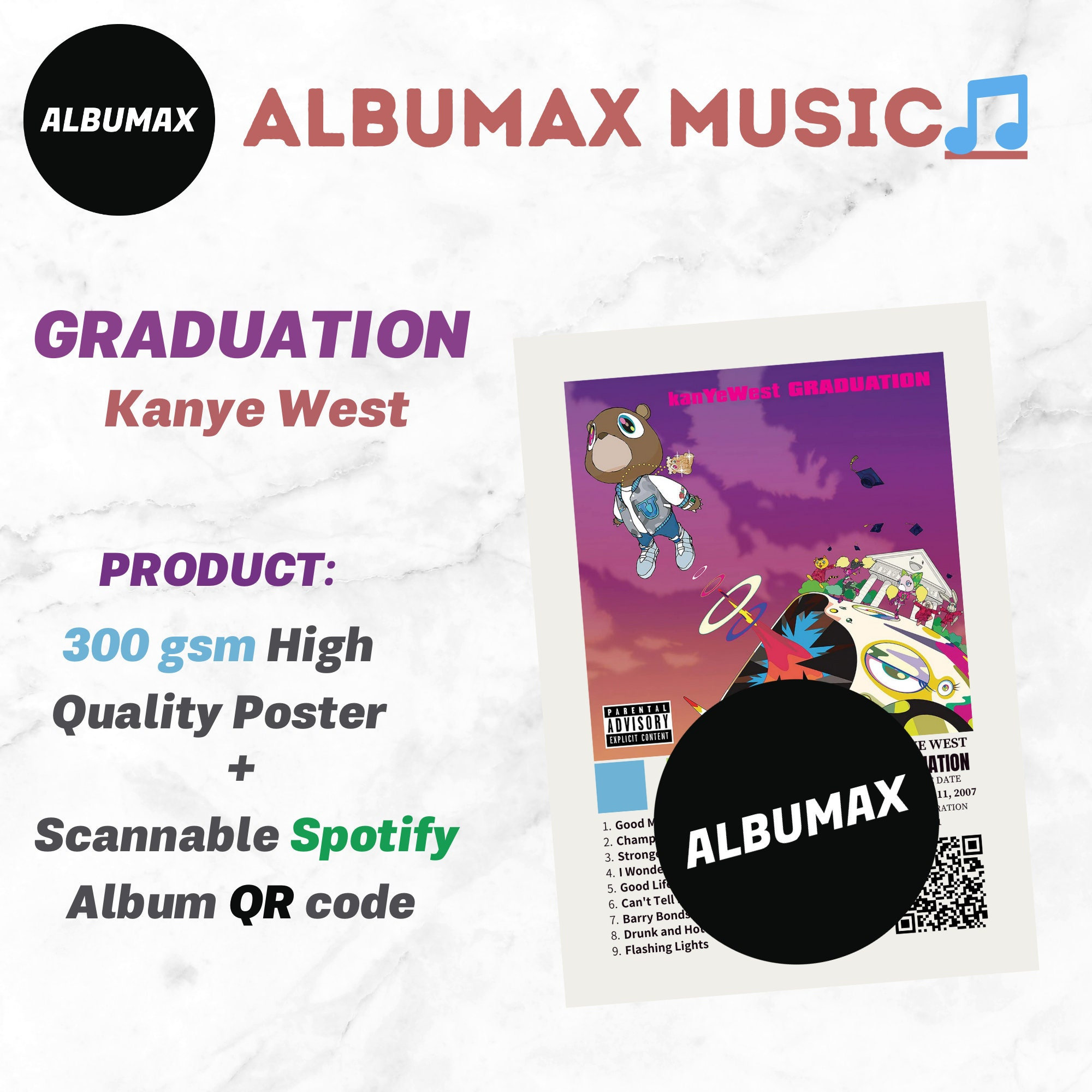 Graduation by Kanye West, Scannable Spotify QR code Physical Album Cover Poster, 3 Sizes ALBUMAX (300gsm)