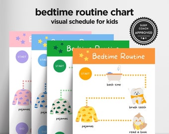 May include: A colorful visual chart for kids to help them with their bedtime routine. The chart features a series of steps, including bath time, brushing teeth, reading a book, and time to rest. Each step is illustrated with a cute cartoon character.