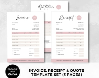 Invoice, Receipt & Quote Template Set | Editable in Canva | Small Business Printable | Digital Instant Download | Minimalist Invoice | SS001