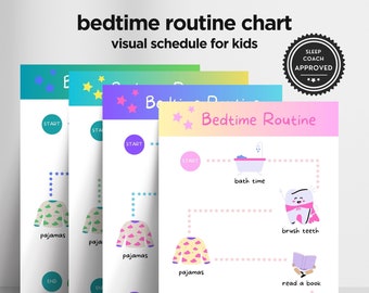 May include: A pink and yellow bedtime routine chart for kids with a visual schedule of activities including bath time, brushing teeth, reading a book, and time to rest. The chart features a cartoon tooth with a cape and a book.