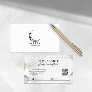 Plantilla de Tarjeta de Visita, Consultora del Sueño, Doula, Descarga Instantánea, Tarjeta de Visita Editable, Código QR, Clásico, Blanco y Negro, Canva, SS005