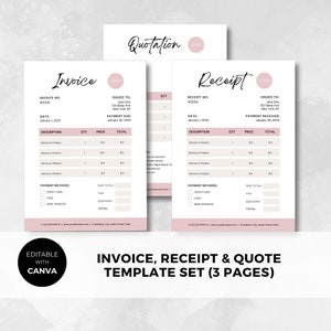 Invoice, Receipt & Quote Template Set | Editable in Canva | Small Business Printable | Digital Instant Download | Minimalist Invoice | SS001