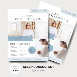 Szablon ulotki konsultanta ds. snu, szablon ulotki DIY, edytowalna ulotka marketingowa, broszura cyfrowa, szablon coachingu, doula, niebieski, SS004