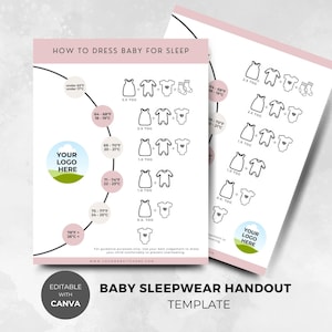 May include: A printable chart with a pink background and black text, showing how to dress a baby for sleep based on the temperature. The chart includes a range of temperatures in Fahrenheit and Celsius, and the corresponding clothing layers, including a sleep sack, onesie, and socks. The chart also includes a place for a logo.