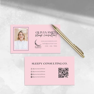 Modèle de carte de visite, coach, consultante en sommeil, doula, code QR, mise en réseau, marketing, imprimable, modifiable sur Canva, minimaliste, rose SS001