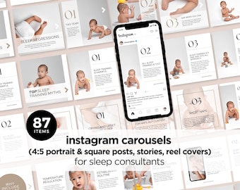 Instagram Carousel, Sleep Consultant, Social Media Posts with Matching Stories & Reel Covers, Instagram Posts, Edit in Canva, Minimalist