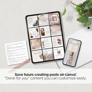 Pu&ograve; includere: Un tablet digitale che mostra una griglia di post sui social media relativi alla gravidanza e al post-partum. I post includono argomenti come i cambiamenti ormonali, l'allattamento a grappolo e la guarigione dopo il parto. Il testo "Risparmia ore creando post su Canva!" e "Contenuto "pronto all'uso" che puoi personalizzare facilmente." &egrave; visualizzato sotto il tablet.