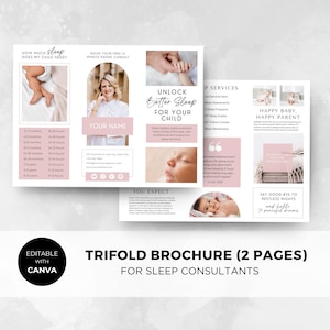 Trifold Brochure Template for Sleep Consultant | Brochure Template | Business Printables | Canva Template | Instant Download | Pink SS001