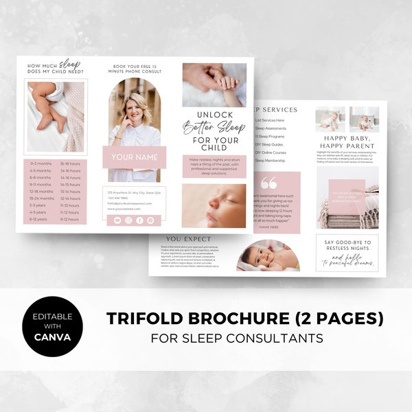 Trifold Brochure Template for Sleep Consultant | Brochure Template | Business Printables | Canva Template | Instant Download | Pink SS001