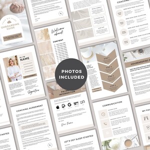 May include: A beige and brown onboarding guide for a coaching programme. The guide includes sections for welcome, content, coaching agreement, payment information, communication, housekeeping, and a section titled "Let's Get Sleep Started".