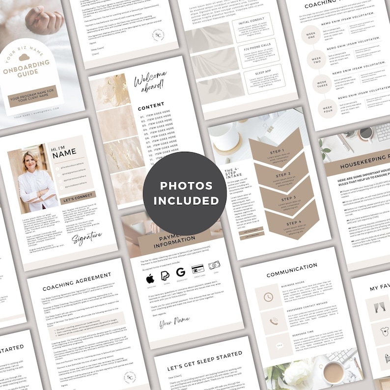 May include: A beige and brown onboarding guide for a coaching programme. The guide includes sections for welcome, content, coaching agreement, payment information, communication, housekeeping, and a section titled "Let's Get Sleep Started".