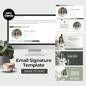 May include: A computer monitor displays an email signature template with the name "Olivia Smith" and the text "Team Leader." The image includes several variations of the template, a potted plant, and a cup of coffee. Text on the image says "Edit in Canva."