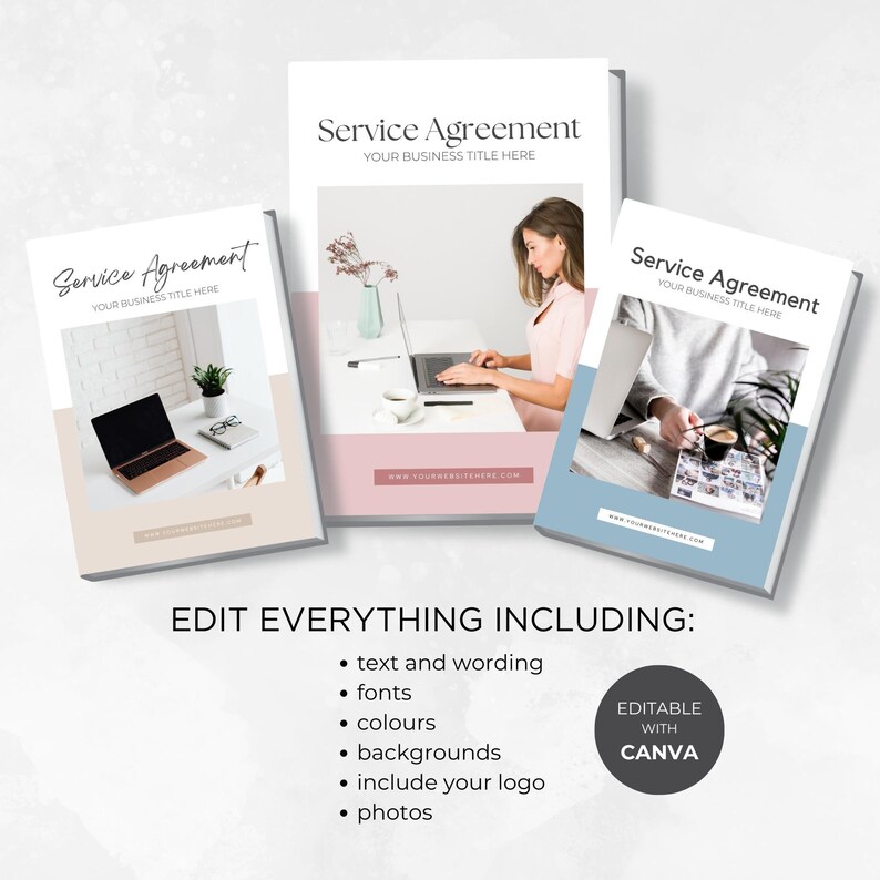 May include: Three editable service agreement templates with different backgrounds. The templates feature the text "Service Agreement" and "Your Business Title Here". The templates are customizable with Canva.