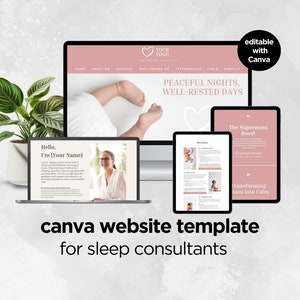 May include: A digital mockup of a website template for sleep consultants, displayed on a laptop, tablet, and smartphone. The website design features a soft pink and white color scheme with the text "PEACEFUL NIGHTS, WELL-RESTED DAYS". The template is editable with Canva.
