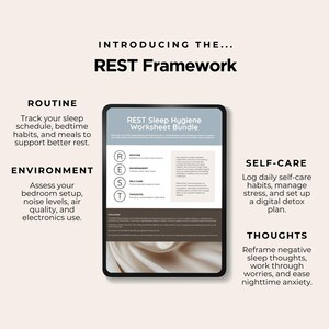This framework covers:
Routine - track your sleep schedule, bedtime habits, and meals to support  better rest.

Environment - Assess your bedroom setup, noise levels, air quality, and electronics use.

Self-care - Log daily self-care habits, manage stress, and set up a digital detox plan.

Thoughts - Reframe negative sleep thoughts, work through worries, and ease nighttime anxiety.