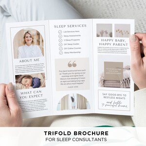 May include: A trifold brochure for sleep consultants with a beige background and a light brown border. The brochure features a photo of a woman, a baby, and a quote about sleep. The text on the brochure includes the words "Sleep Services", "Happy Baby, Happy Parent", "About Me", "What Can You Expect", and "Say Good-Bye to Restless Nights".