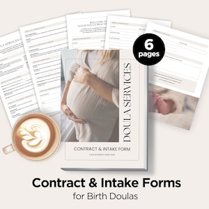 May include: A six-page printable contract and intake form for birth doulas. The cover features a photo of a pregnant woman holding her belly.