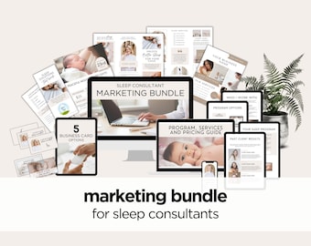 May include: A digital marketing bundle for sleep consultants. The bundle includes a variety of marketing materials, such as business cards, program guides, and client testimonials. The image also includes a laptop, a smartphone, and a tablet.