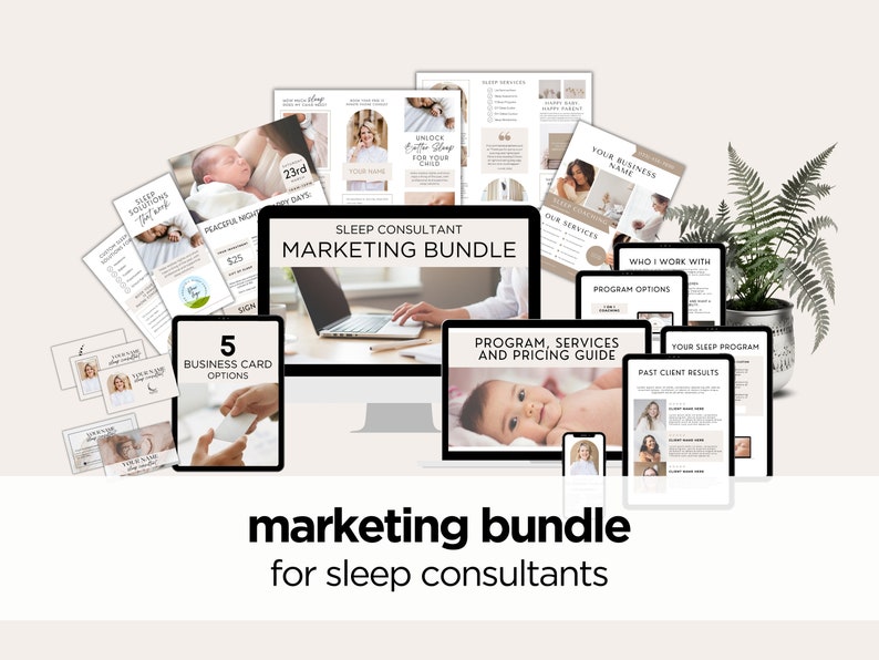 Marketing bundle for sleep consultants. Starter kit for Sleep Consultant Marketing. Business cards, brochures, rack cards, flyers, posters, proposal, services, pricing, programs. Networking materials. Marketing handouts. Marketing materials.