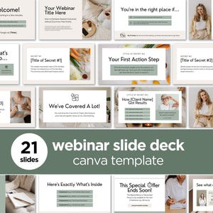 May include: A digital product showcasing a 21-slide webinar slide deck Canva template. The design features a soft, neutral color palette with text elements and images, including slides with titles and bullet points. The template is designed for presentations.