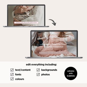 Może przedstawiać: Dwa ekrany laptop&oacute;w wyświetlają makiety stron internetowych. Jeden z nich głosi "Caring for Moms, Nurturing Babies", a drugi "Bringing Peace to Your Fourth Trimester". Obraz zawiera r&oacute;wnież tekst wskazujący na możliwość edycji tekstu, treści, czcionek, kolor&oacute;w, tła i zdjęć.