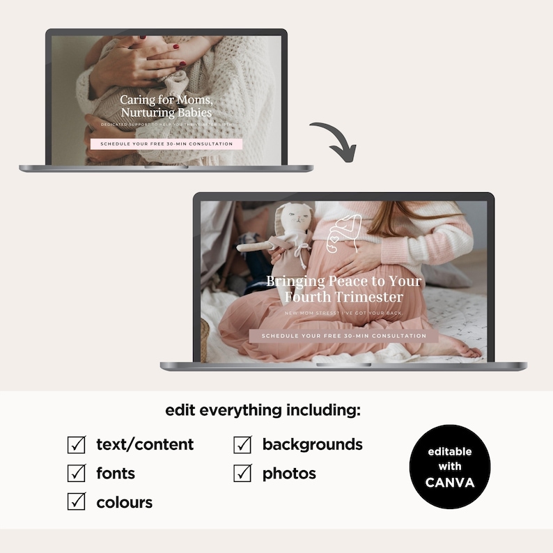 Może przedstawiać: Dwa ekrany laptop&oacute;w wyświetlają makiety stron internetowych. Jeden z nich głosi "Caring for Moms, Nurturing Babies", a drugi "Bringing Peace to Your Fourth Trimester". Obraz zawiera r&oacute;wnież tekst wskazujący na możliwość edycji tekstu, treści, czcionek, kolor&oacute;w, tła i zdjęć.