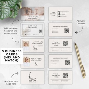 May include: Five different business card designs for a sleep consultant. The cards feature a crescent moon with stars, a headshot of a woman, and the text "SLEEPY CONSULTING".