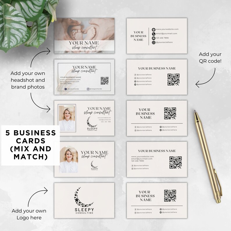 May include: Five different business card designs for a sleep consultant. The cards feature a crescent moon with stars, a headshot of a woman, and the text "SLEEPY CONSULTING".