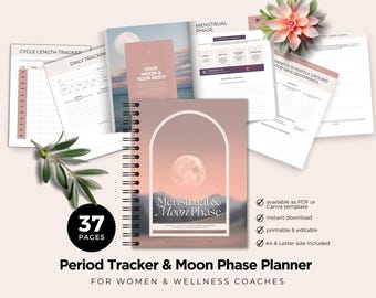 Period Tracker Moon Phase, Printable Cycle Journal, Self-Care Planner, Menstrual Calendar, Lunar Cycle, Wellness Coach, Canva Template PDF