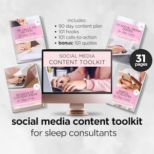 Könnte beinhalten: Ein Social-Media-Content-Toolkit für Schlafberater. Das Toolkit enthält 90 Tage mit Content-Ideen, 101 Handlungsaufforderungen, 101 Social-Media-Hooks und 101 Zitate. Das Toolkit umfasst 31 Seiten.